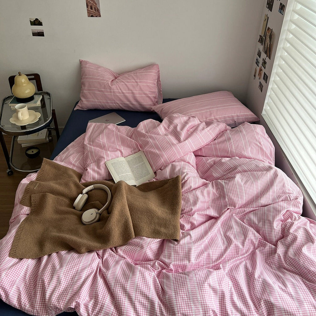 Pink Gingham Stripes Bedding Set