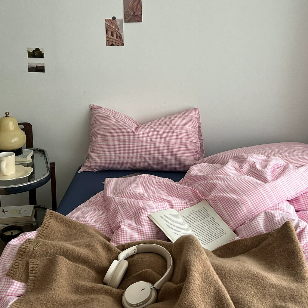 Pink Gingham Stripes Bedding Set