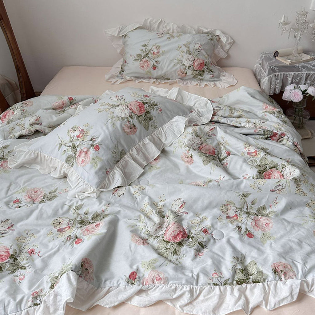 Vintage Sky Blue Cottage Roses Ruffle Summer Comforter Set