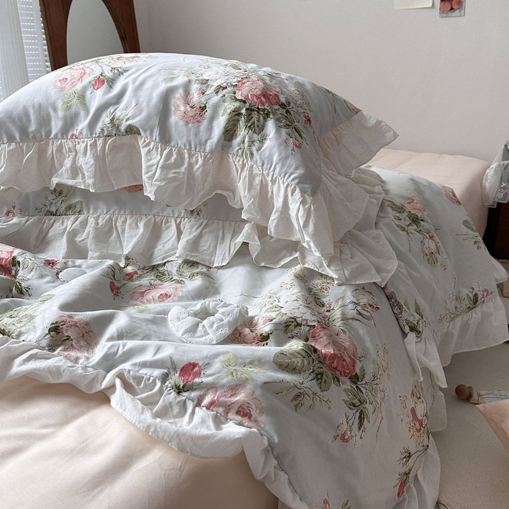 Vintage Sky Blue Cottage Roses Ruffle Summer Comforter Set