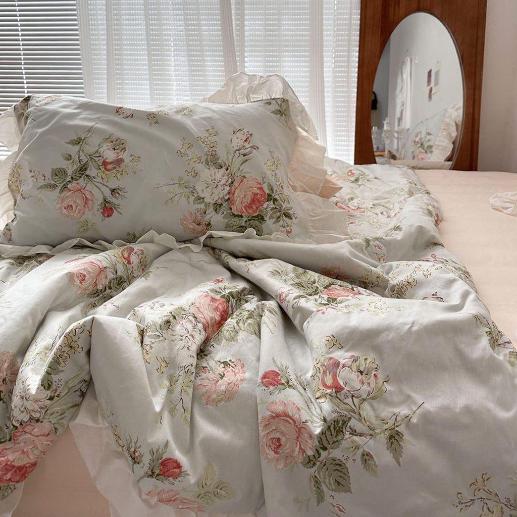 Vintage Sky Blue Cottage Roses Ruffle Summer Comforter Set